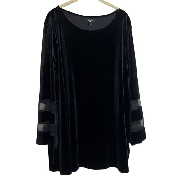 Slim Factor Investments Velvet Tunic Top 2X Black Bell Sleeve Sheer Insets - Picture 1 of 9